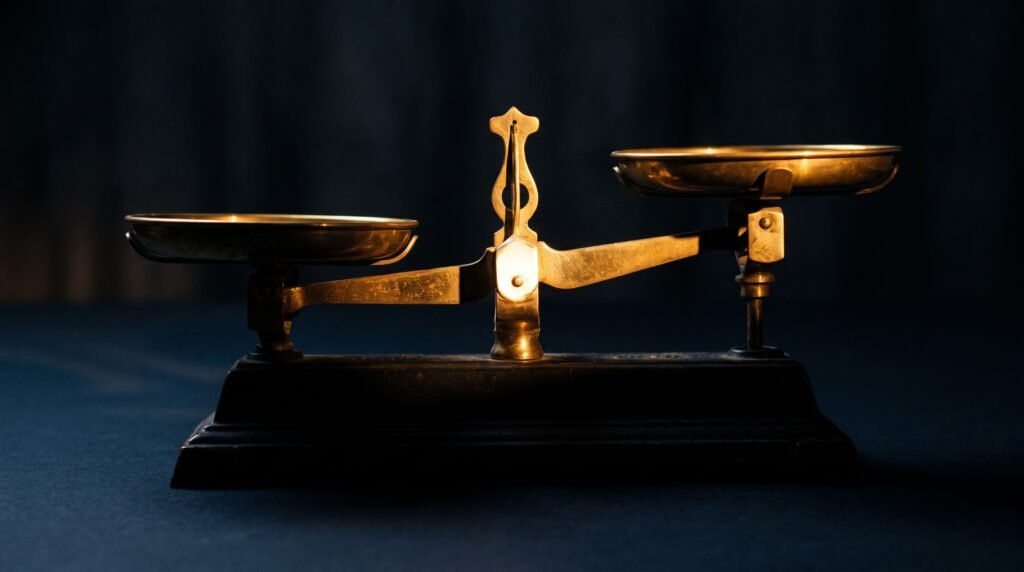 An antique brass balance scale on a dark surface, one pan lower than the other, lit warmly from the side.