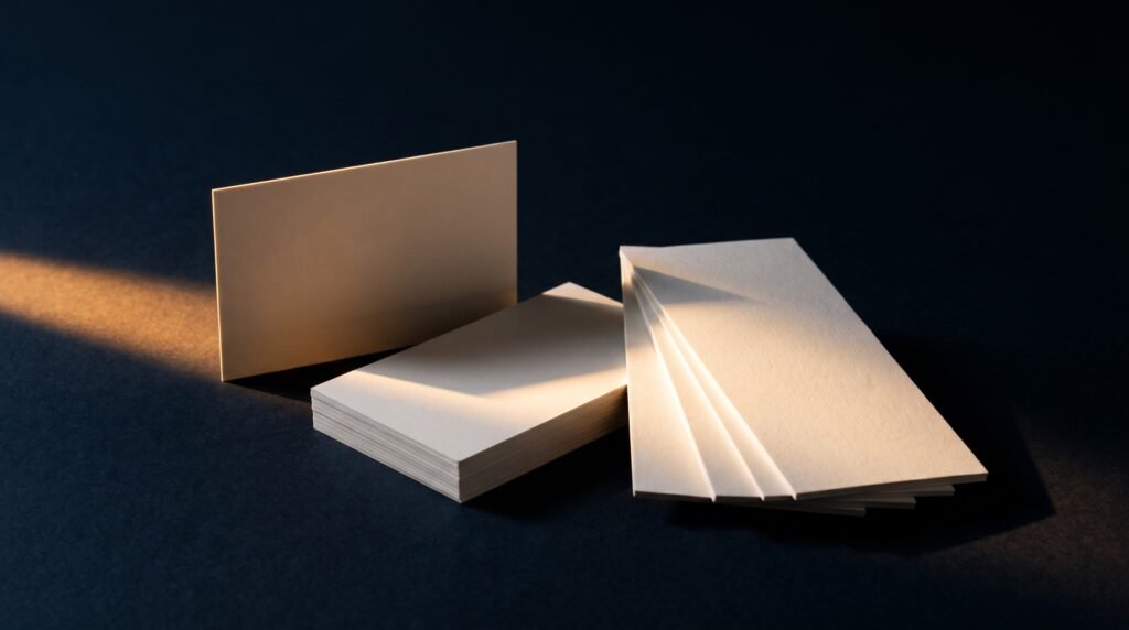 A stack of blank bone-white brand cards on a dark surface, one standing on edge in a shaft of warm light.