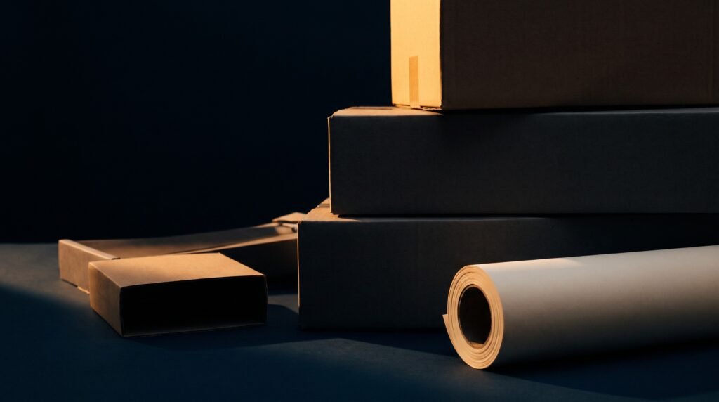 Plain unbranded shipping boxes stacked beside a roll of pale paper, lit warmly against a dark ground.