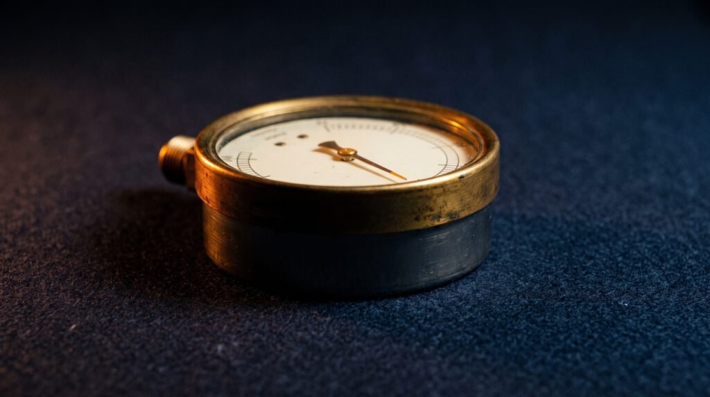 A brass pressure gauge with a pale dial and a single amber needle, resting on a dark surface.