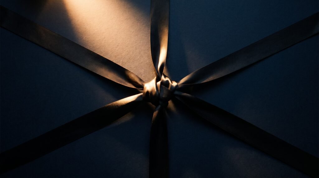 Several dark ribbons running in from different directions and tied together at a single lit knot.