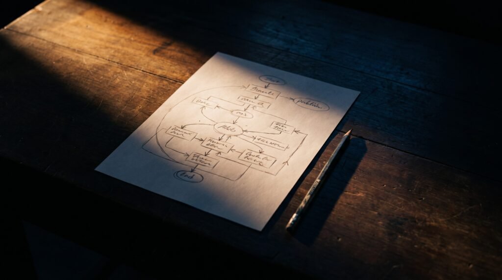 A hand-drawn flow of connected boxes and arrows on pale paper, a pencil beside it in warm light.