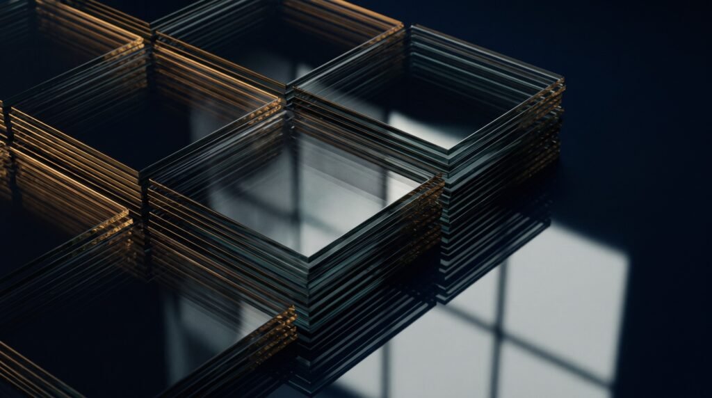 Stacks of dark translucent glass panes arranged in a grid, their edges catching warm amber light.