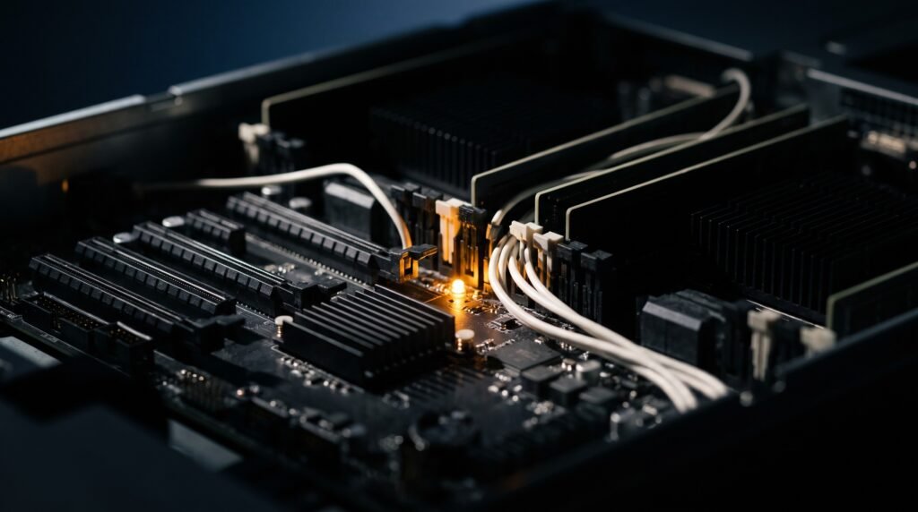The inside of a dark machine, rows of black components and pale cabling with a single amber indicator lit.