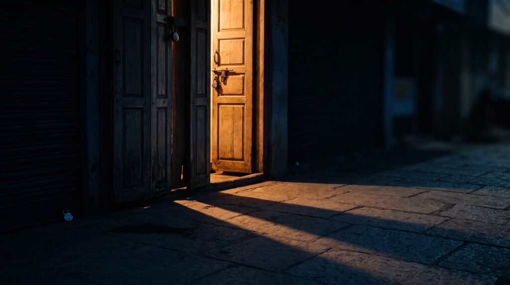 A traditional wooden shopfront door at dusk, warm light falling across the pavement outside.