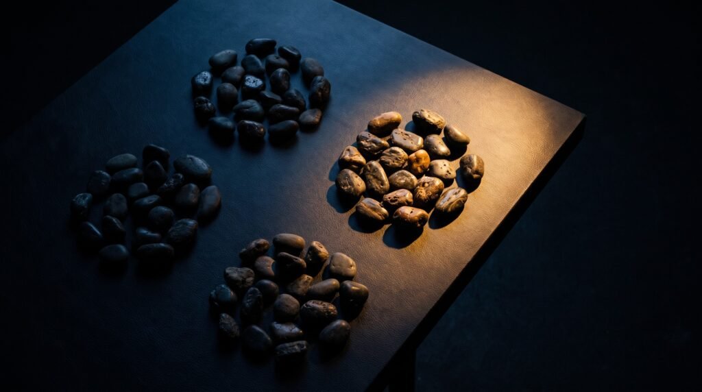 Four loose clusters of dark stones on a dark surface, one cluster picked out by warm amber light.