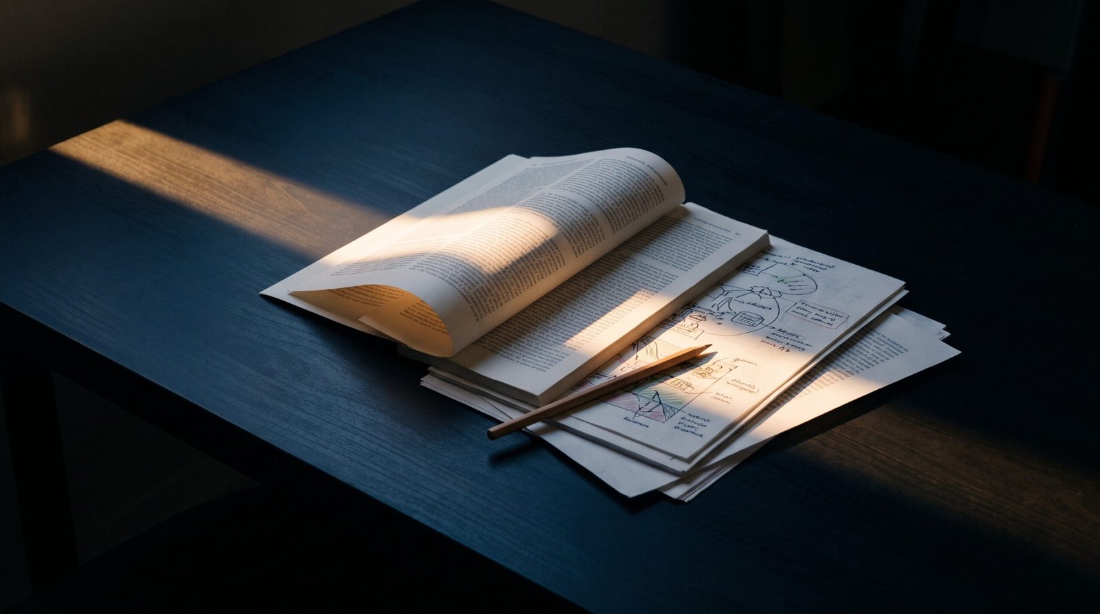 An open book and annotated research pages on a dark desk, lit by a shaft of warm light.