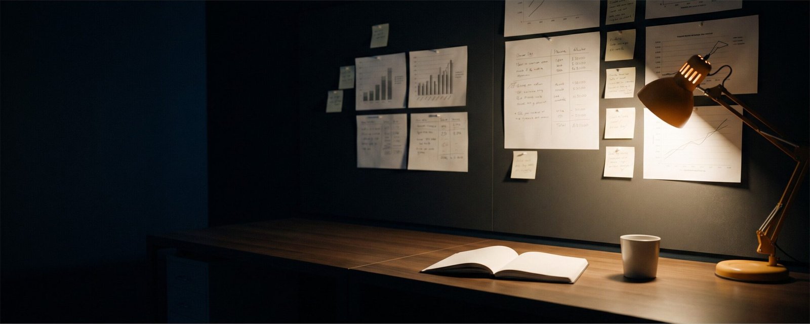 A dark strategy room lit by a single desk lamp, with printed charts and handwritten notes pinned to the wall above a long desk.